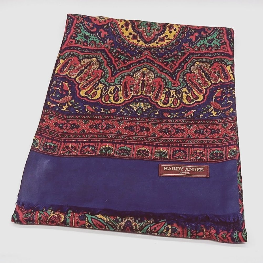 Hardy Amies London Multicolor Paisley Silk Wool Fringed Scarf